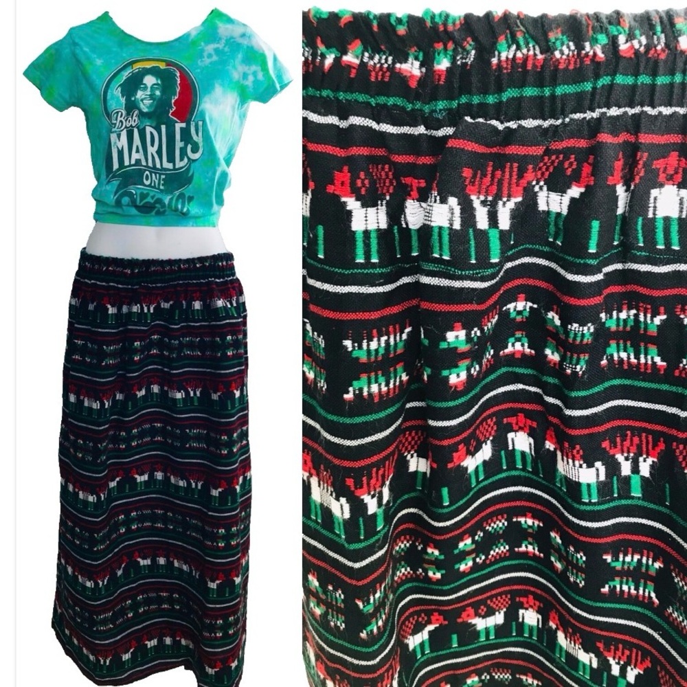 Vintage PERUVIAN Blanket Style SKIRT Alpaca Print Boho MAXI Extra-Large XL